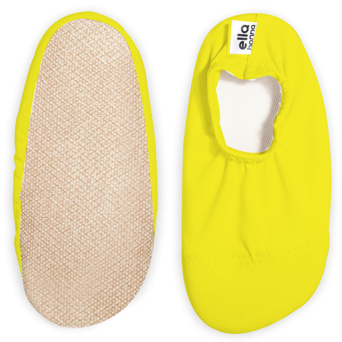 Yellow slip-on water shoes with cream lining, with one sole facing the camera on a white background.