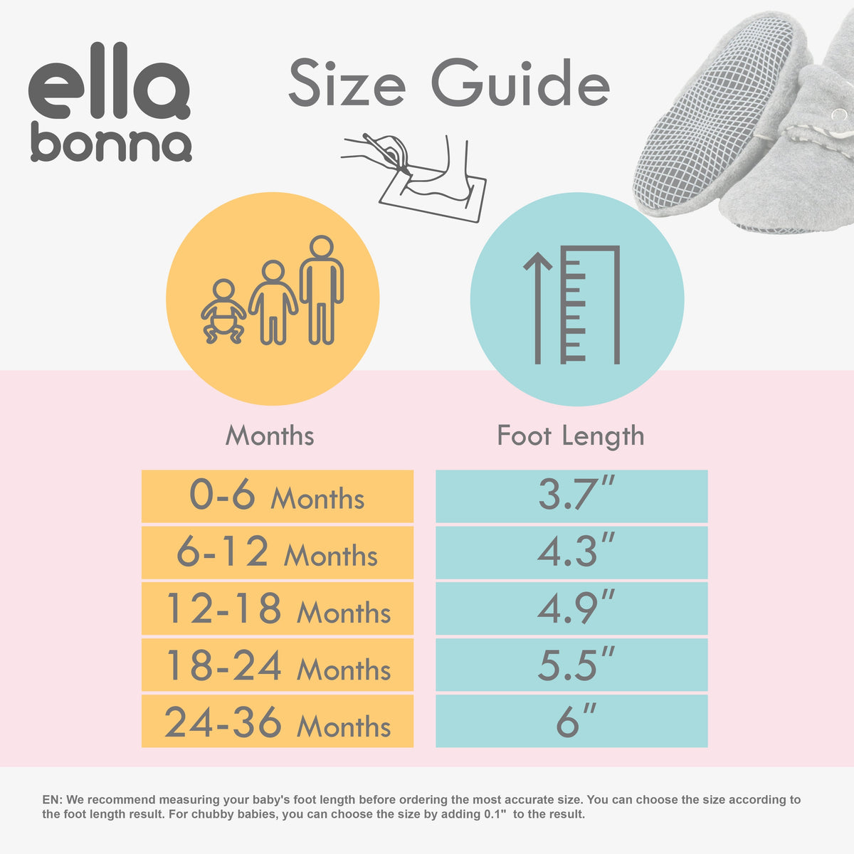 Ella Bonna baby bootie size guide comparing ages 0–36 months with foot lengths in inches.