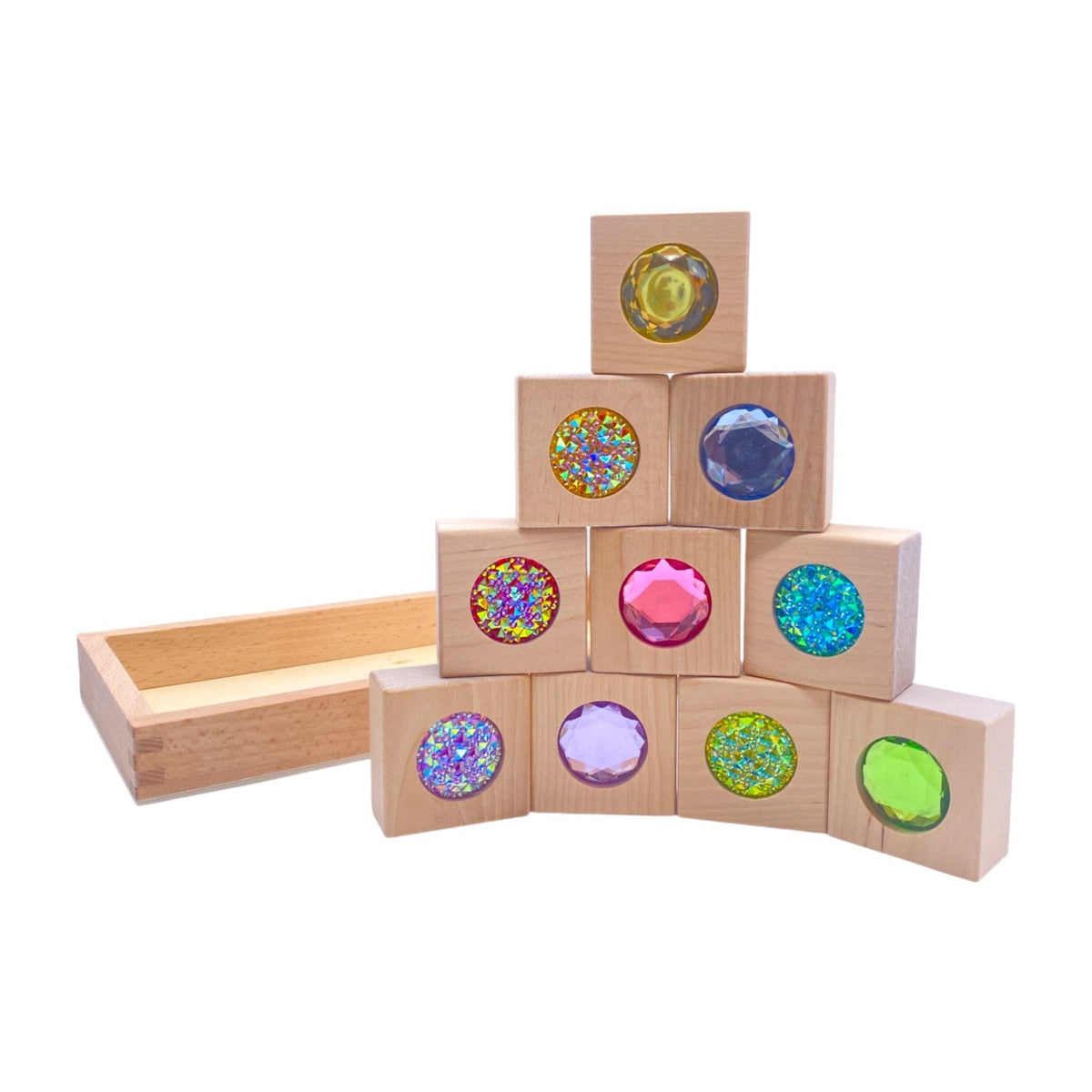 Style A pastel square gem blocks stacked into a pyramid beside the tray