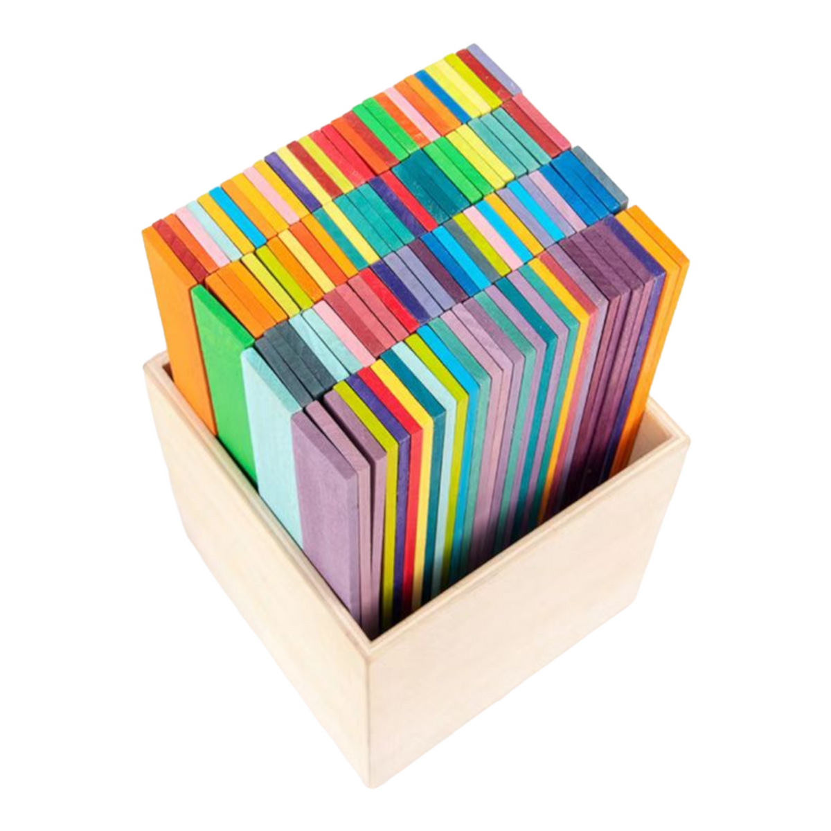 Stained wooden Leonardo building sticks fanned above storage box