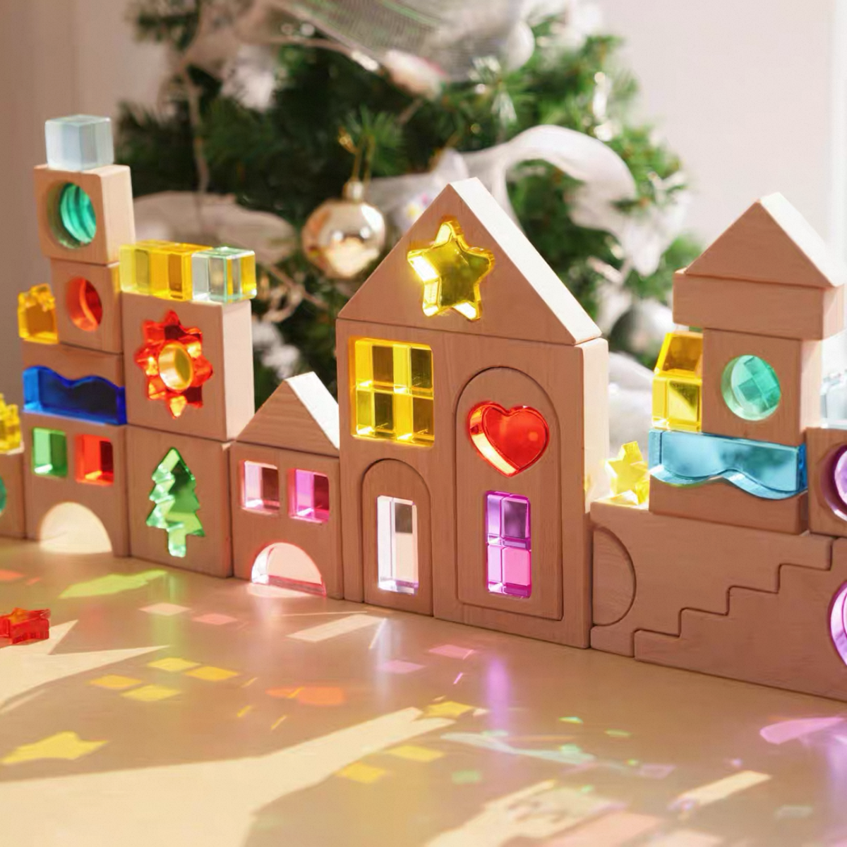 Dreamlight Village buildings with colorful translucent inserts casting shapes in sunlight