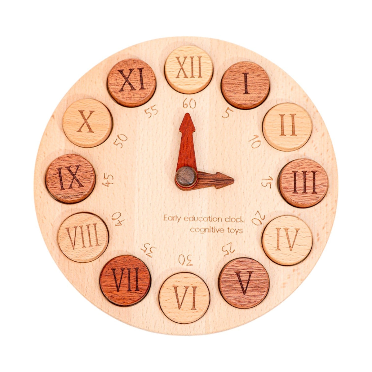 Roman-numeral face of the wooden clock with rotating red hands