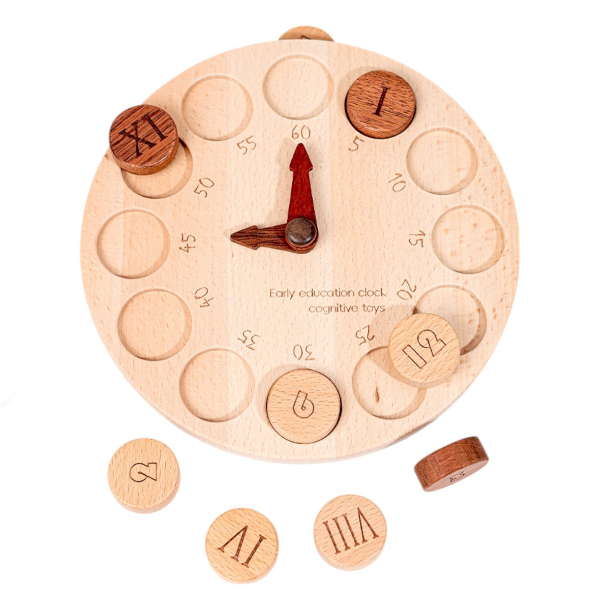 Wooden learning clock with several Roman and Arabic numeral pieces removed
