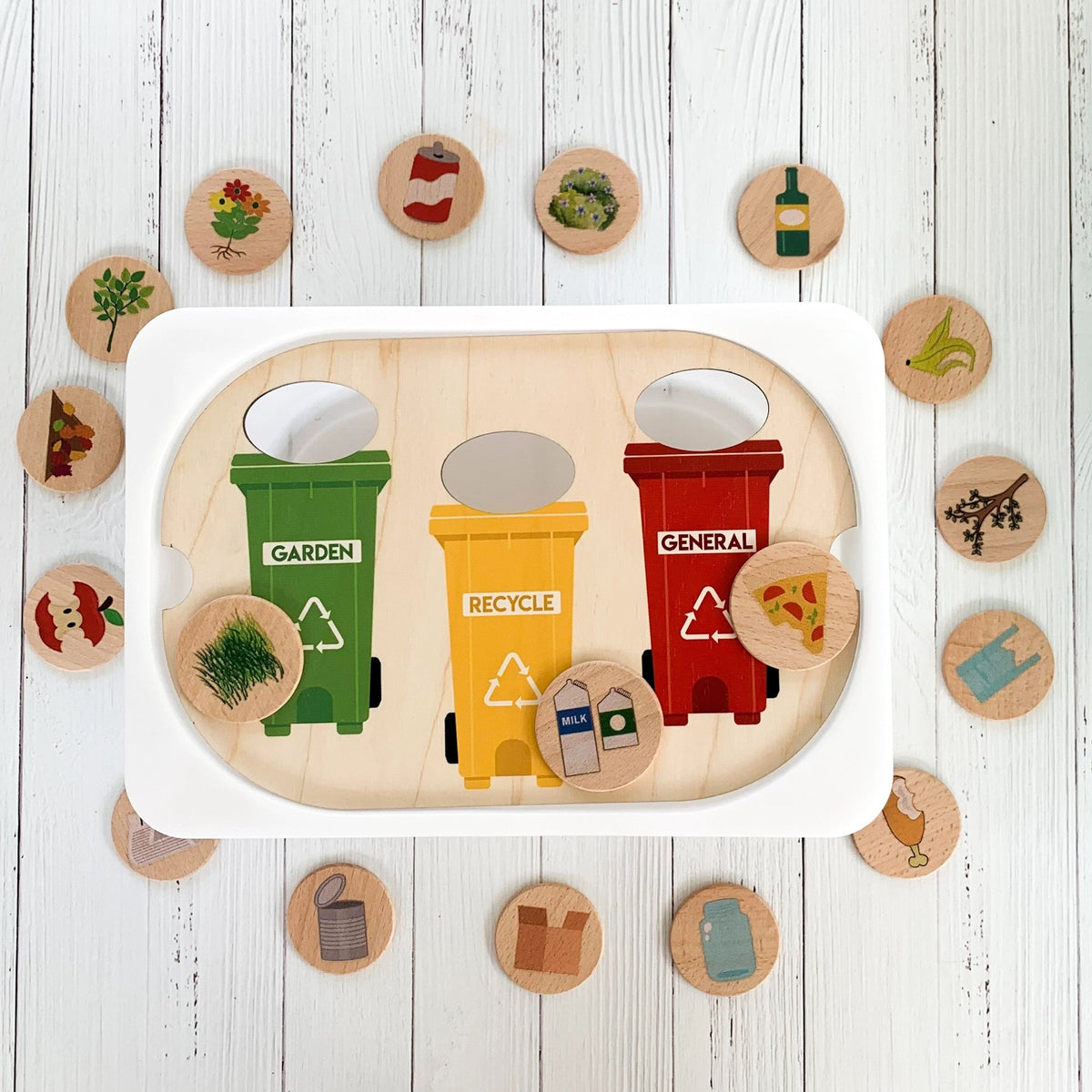 Garbage sorting sensory activity set with three bins