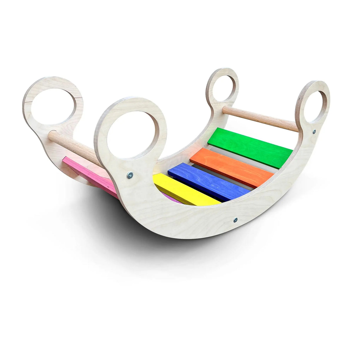 Rainbow-slat rocker with pale curved sides and four circular handles, angled view on white.