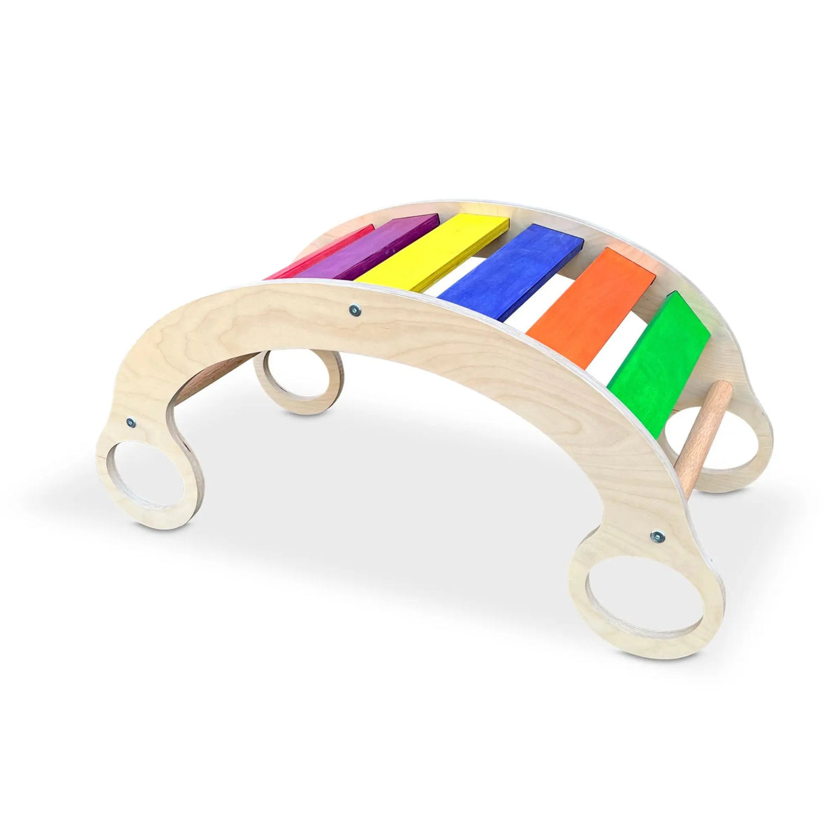 Rainbow-slat rocker turned upside down as an arch, angled view on white.