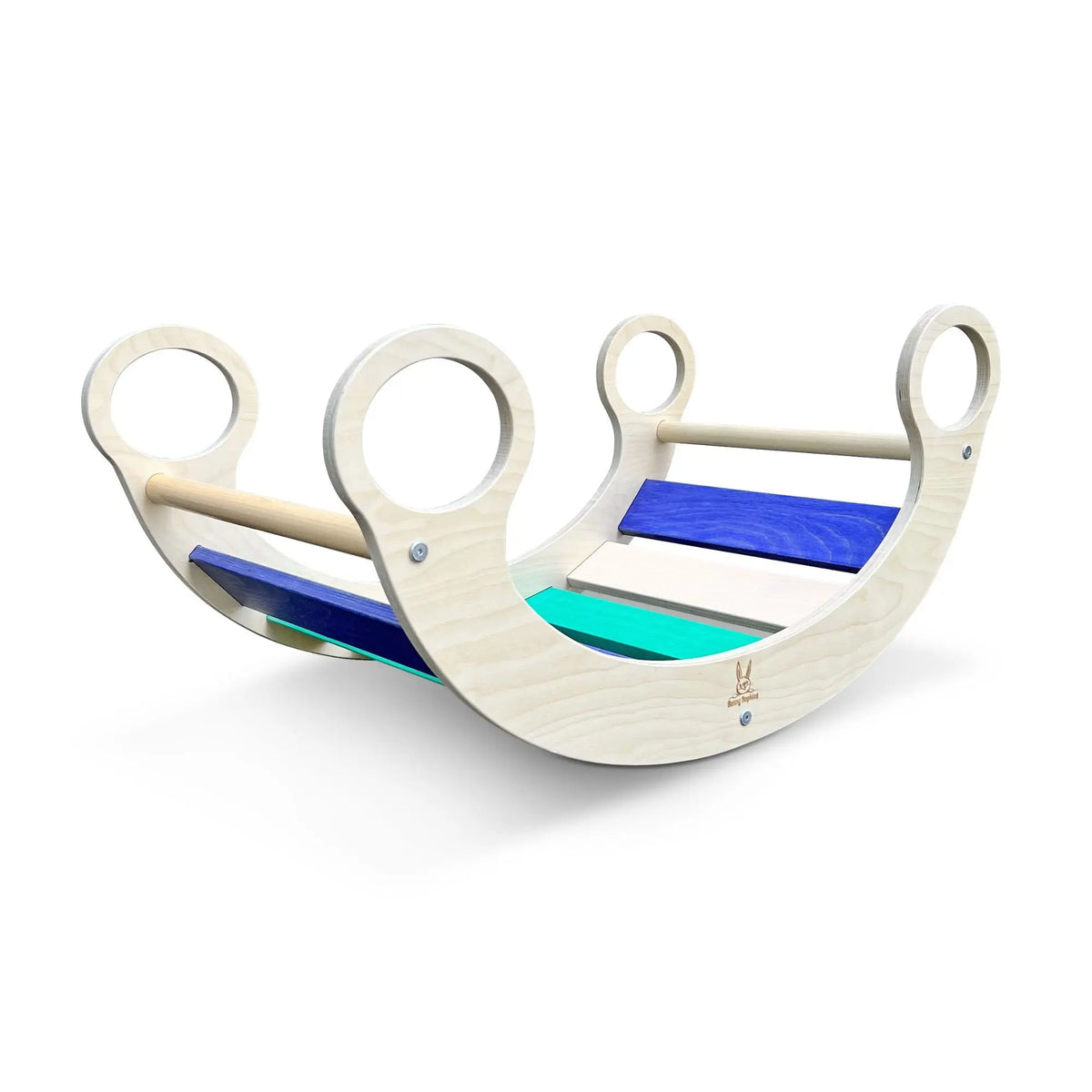Blue, teal and pale-slat rocker with circular handles, angled view on white.