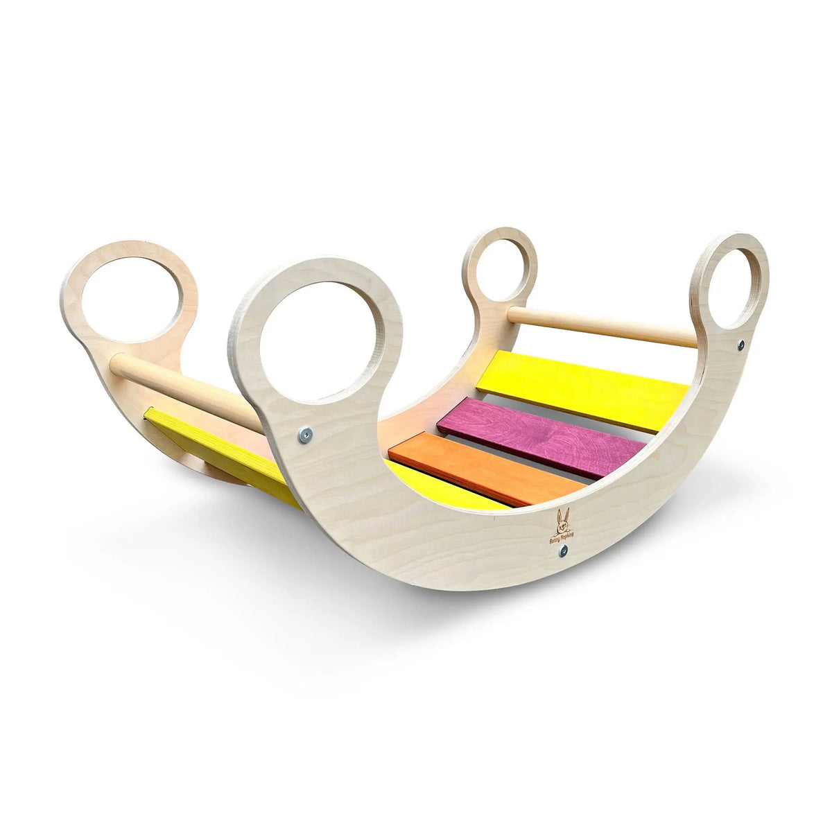 Yellow, pink and orange-slat rocker with circular handles, angled view on white.