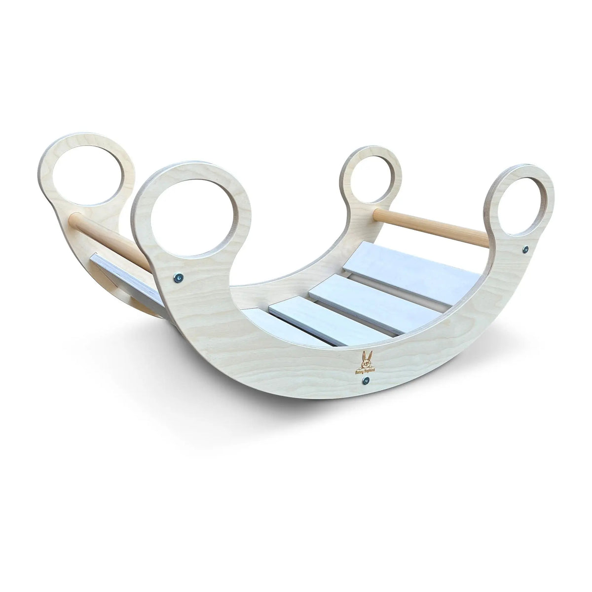 White-slat rocker with pale curved sides and four circular handles, angled view on white.