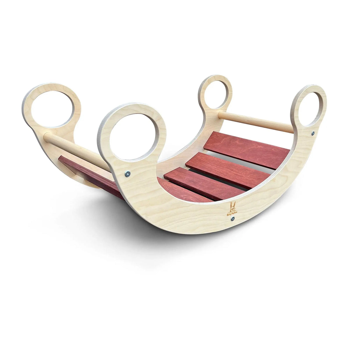 Reddish-brown-slat rocker with pale curved sides and circular handles, angled view on white.