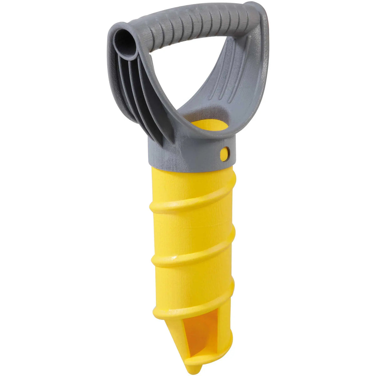 Yellow HABA Sand Drill beach toy with a gray two-handed handle