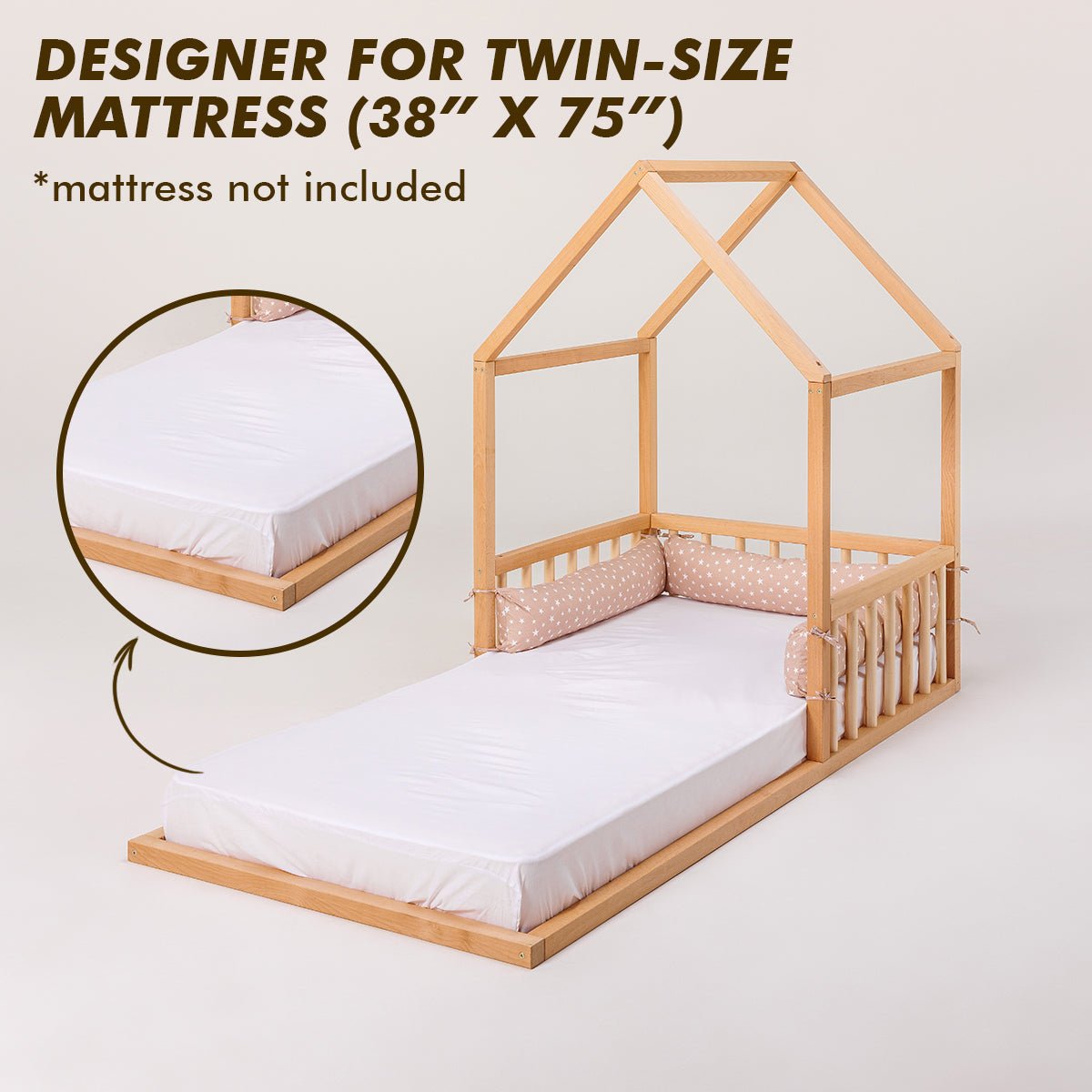 Small Wooden Montessori House Floor Bed with Fence and Roof for Kids (Twin - 75x38 inch) - The Baby Penguin