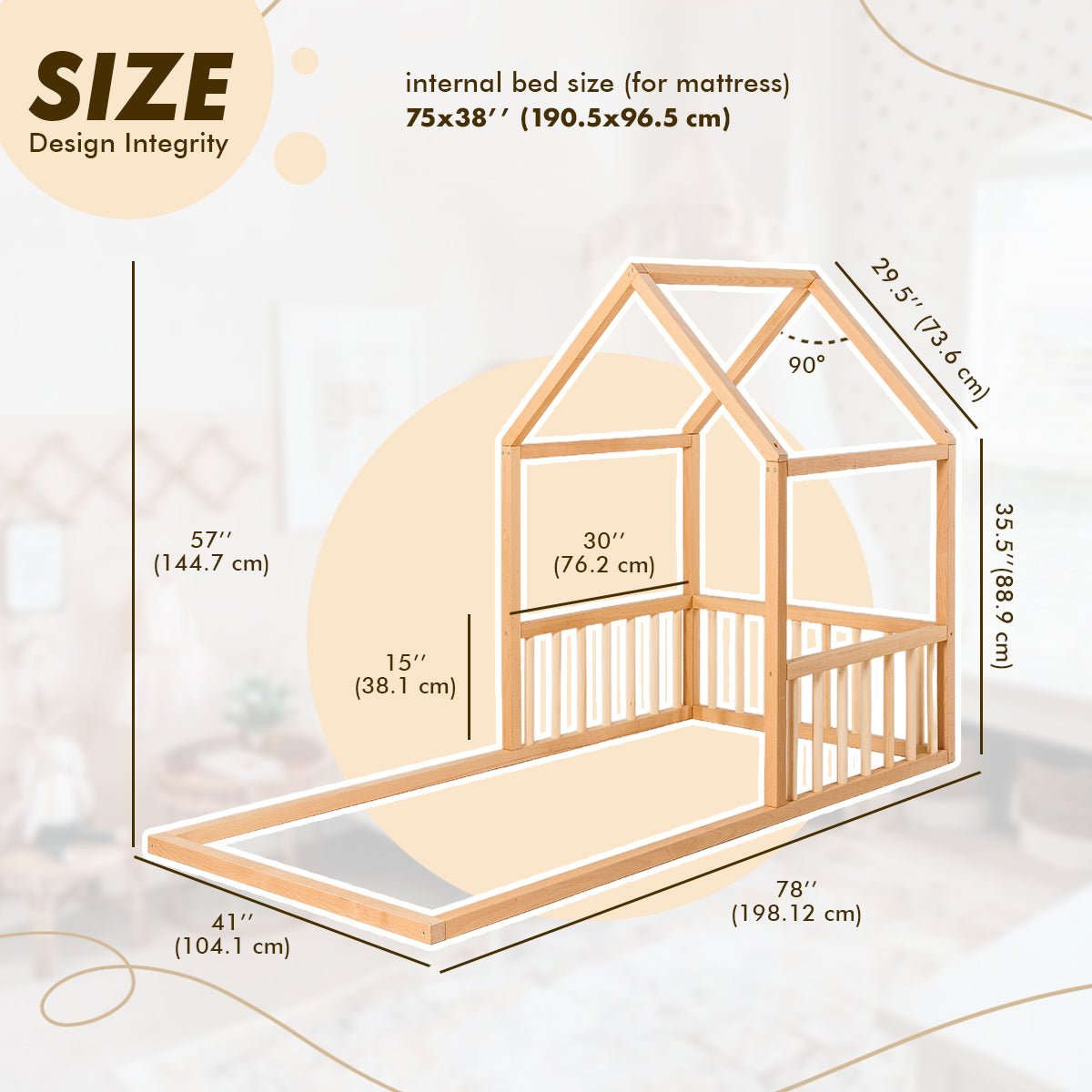 Small Wooden Montessori House Floor Bed with Fence and Roof for Kids (Twin - 75x38 inch) - The Baby Penguin