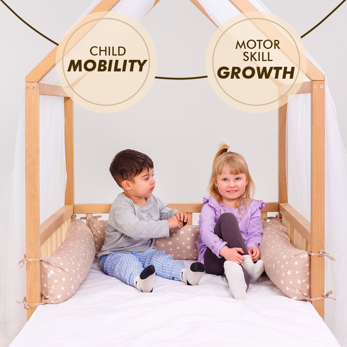 Small Wooden Montessori House Floor Bed with Fence and Roof for Kids (Twin - 75x38 inch) - The Baby Penguin
