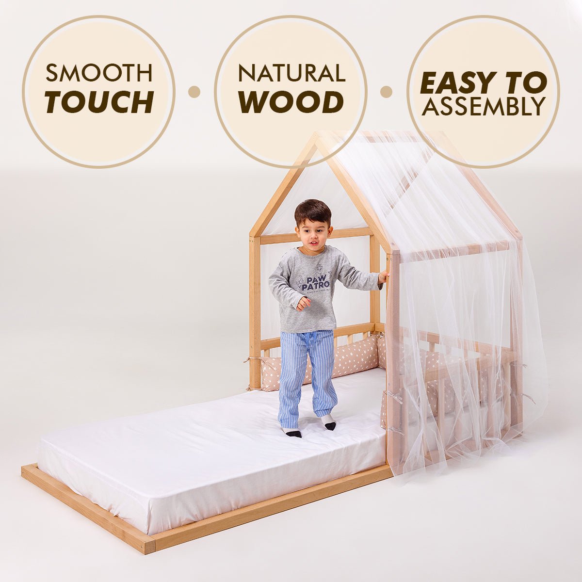 Small Wooden Montessori House Floor Bed with Fence and Roof for Kids (Twin - 75x38 inch) - The Baby Penguin