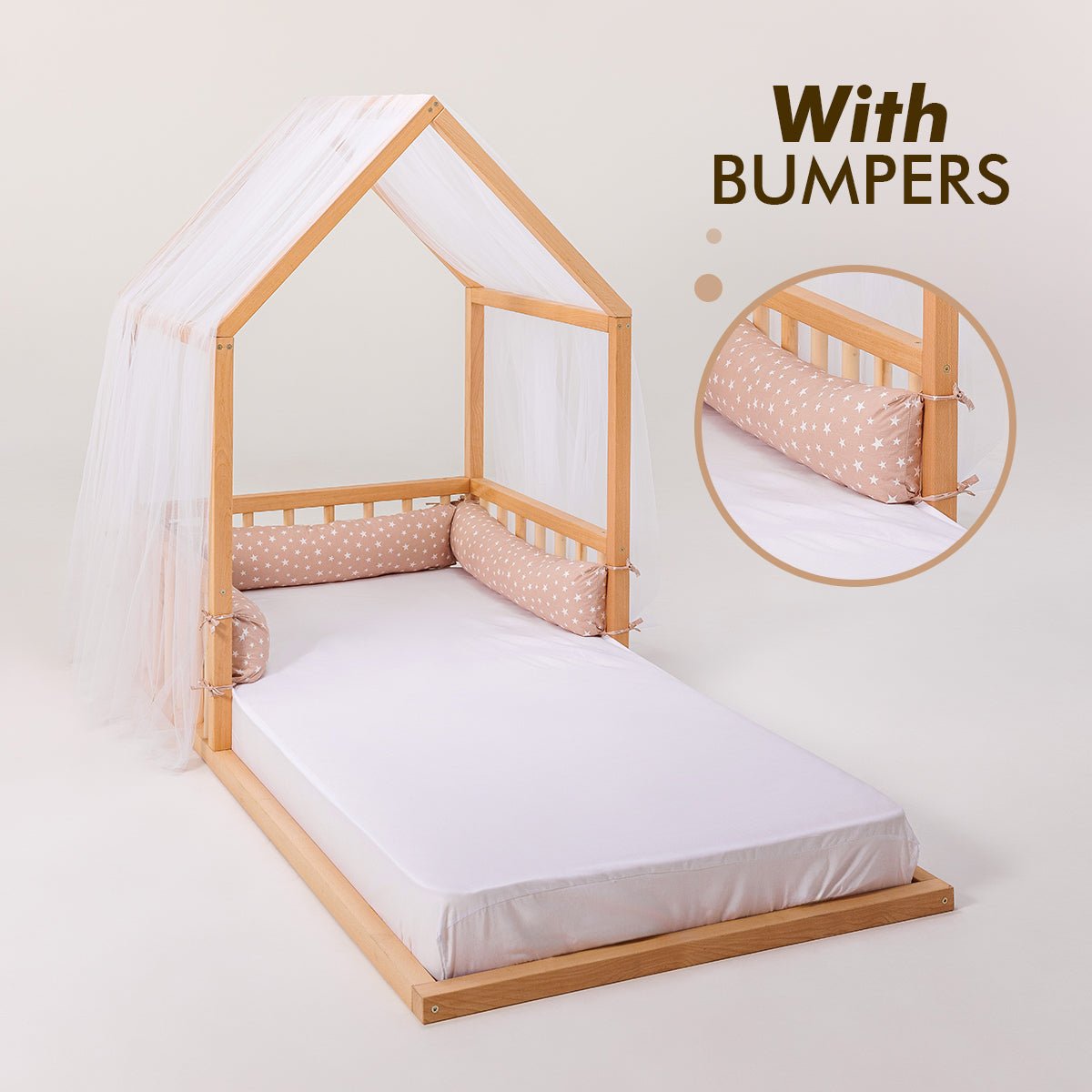 Small Wooden Montessori House Floor Bed with Fence and Roof for Kids (Twin - 75x38 inch) - The Baby Penguin