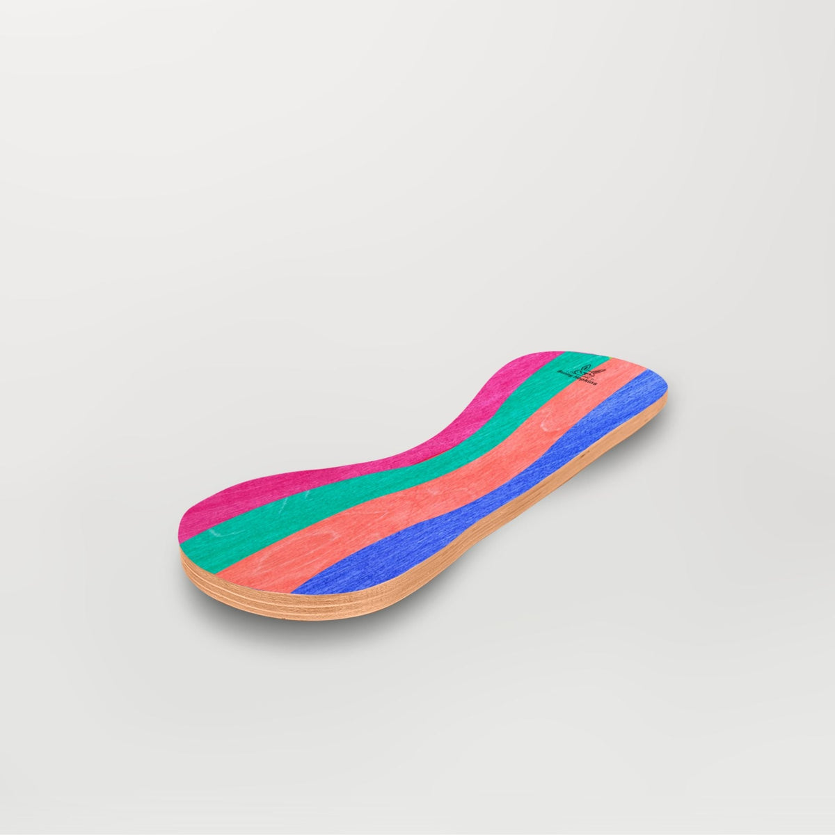 Spinzee board with wavy pink, teal, coral and blue stripes, angled view.