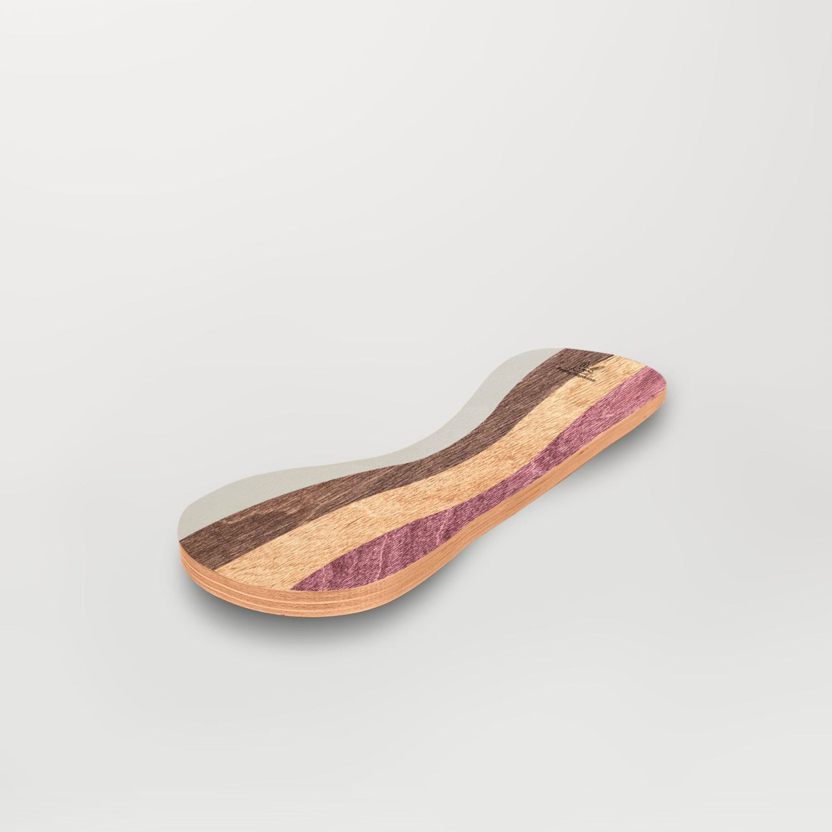 Spinzee board with wavy cream, brown, tan and reddish-purple stripes, angled view.