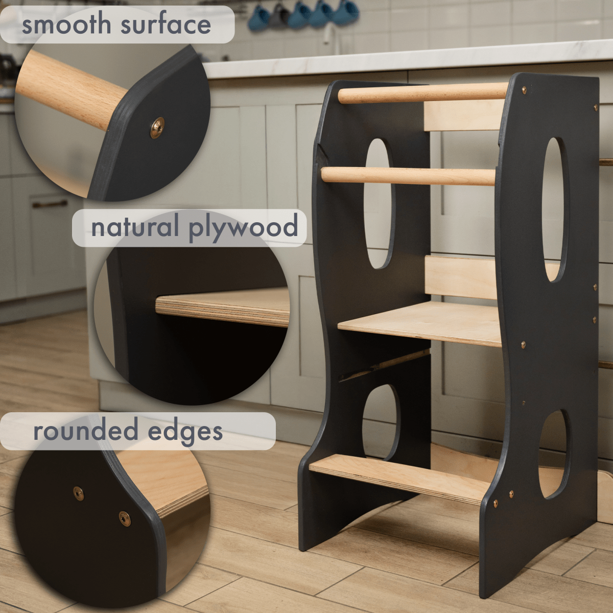 Stable Montessori Learning Tower: Wooden Growing Chair - Grey - The Baby Penguin