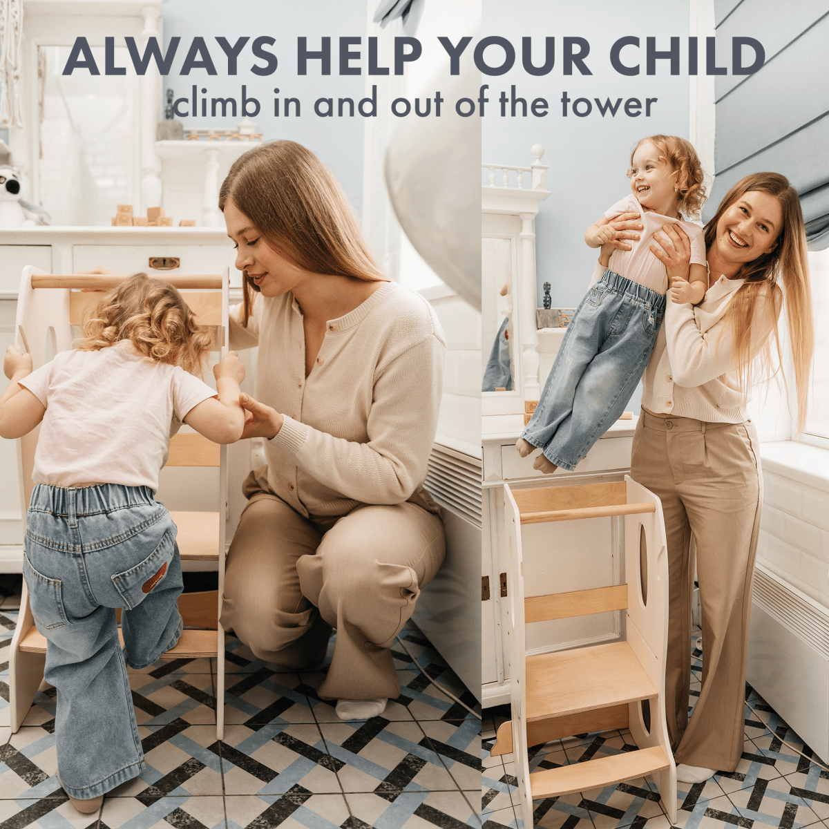 Stable Montessori Learning Tower: Wooden Growing Chair - Ivory - The Baby Penguin