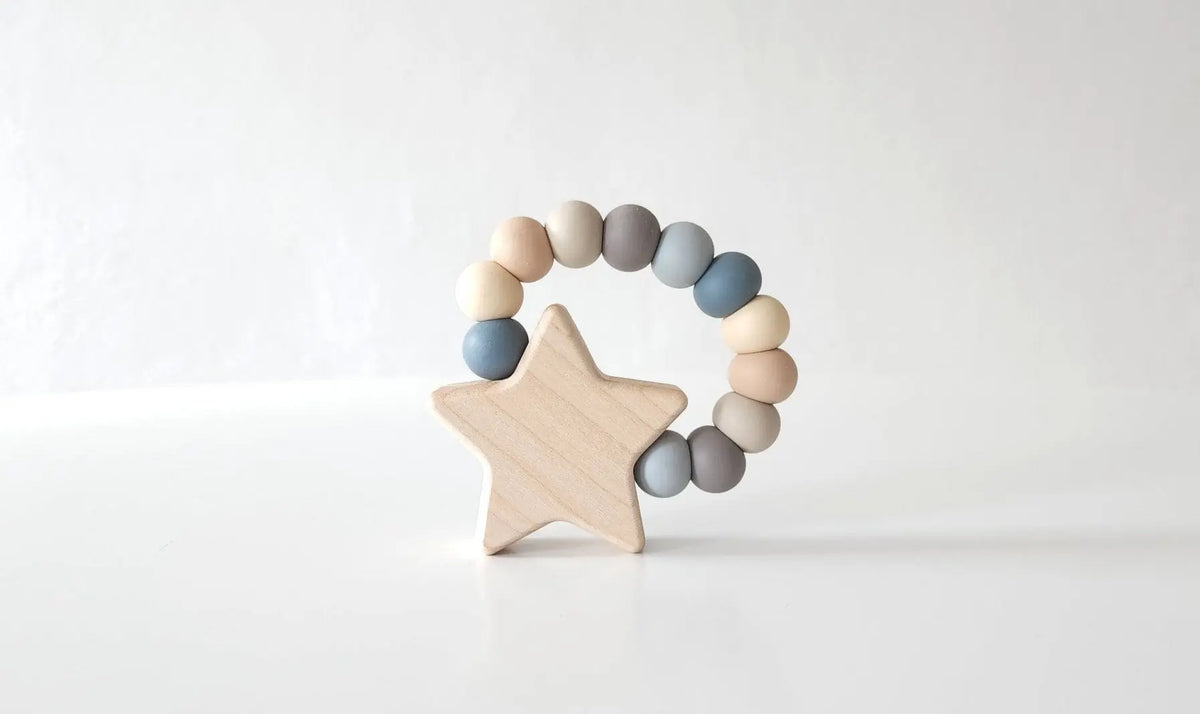 Star Charm Teether with gray and neutral silicone beads
