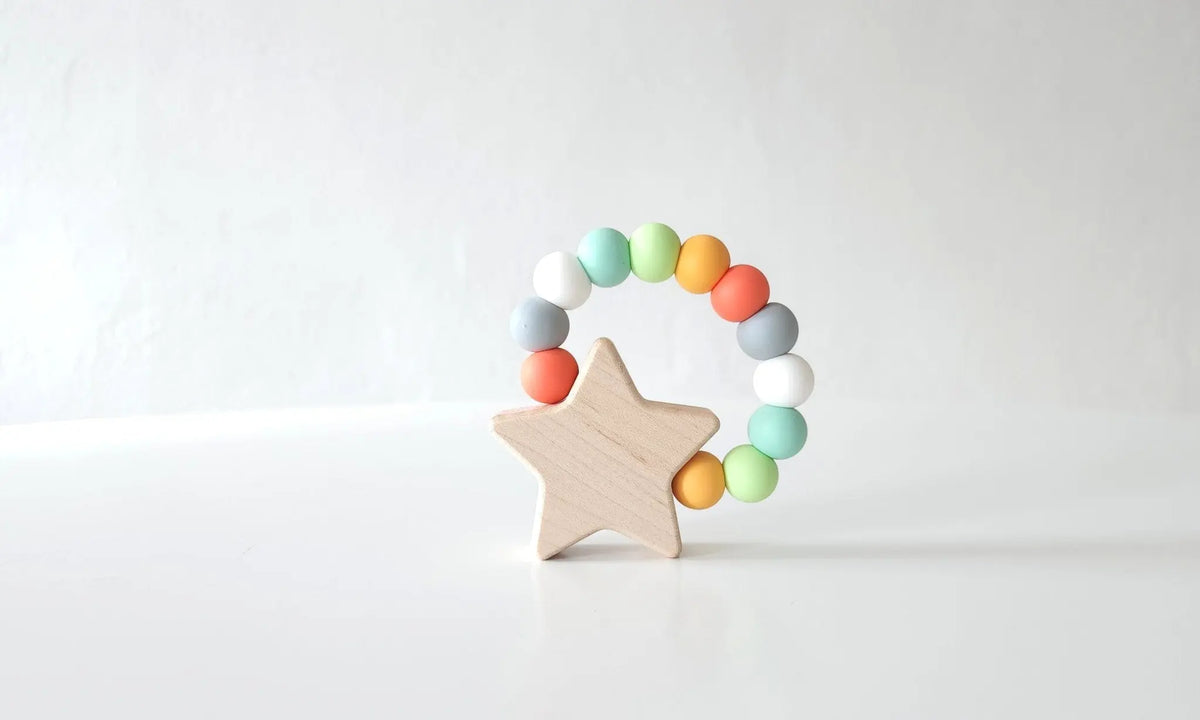 Star Charm Teether with muted multicolored silicone beads