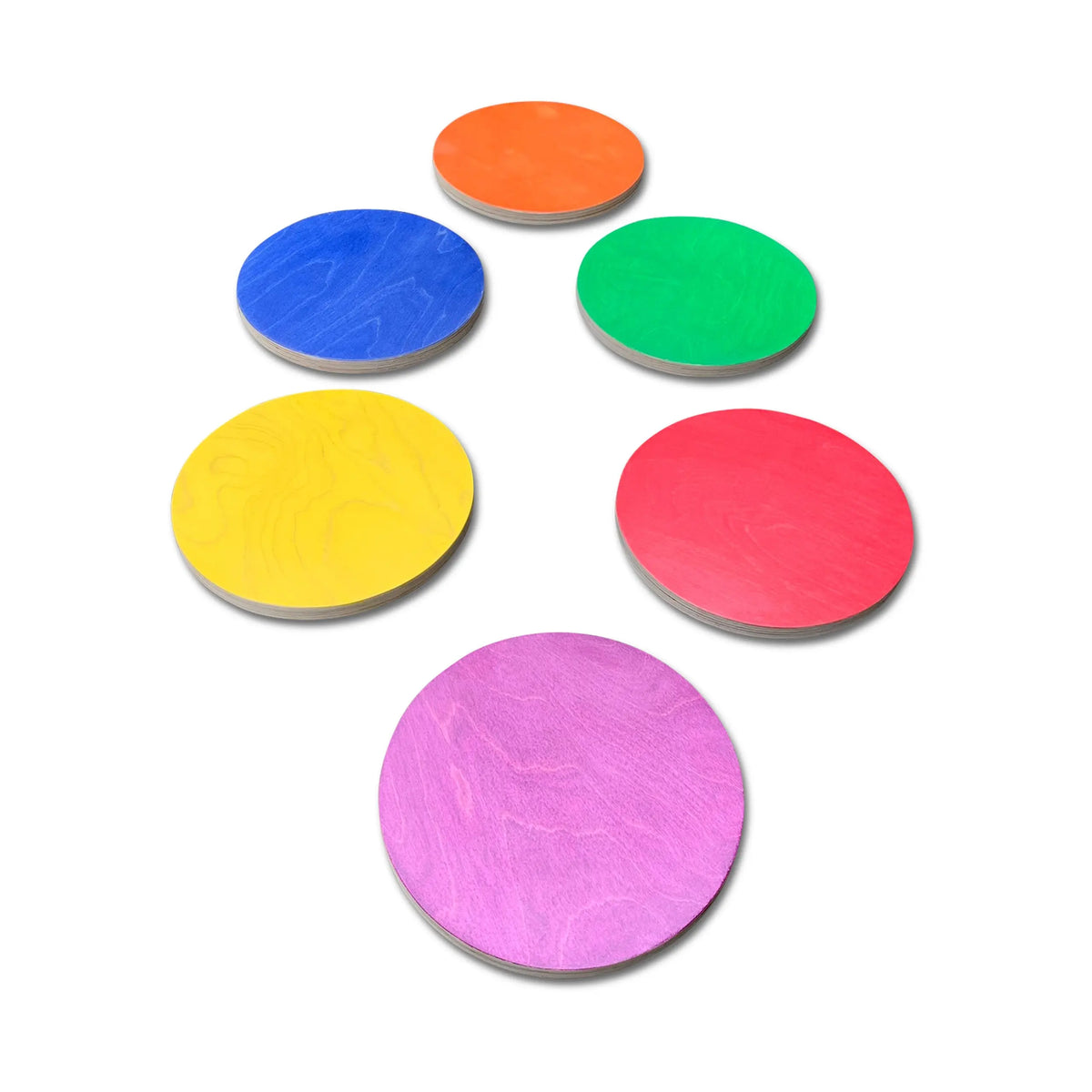 Six round stepping stones in orange, blue, green, yellow, red and purple, arranged on white.
