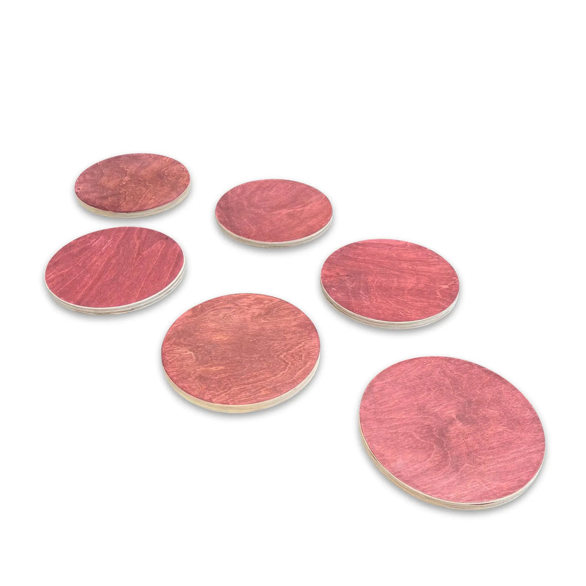 Six reddish-brown round stepping stones with visible grain, arranged on white.