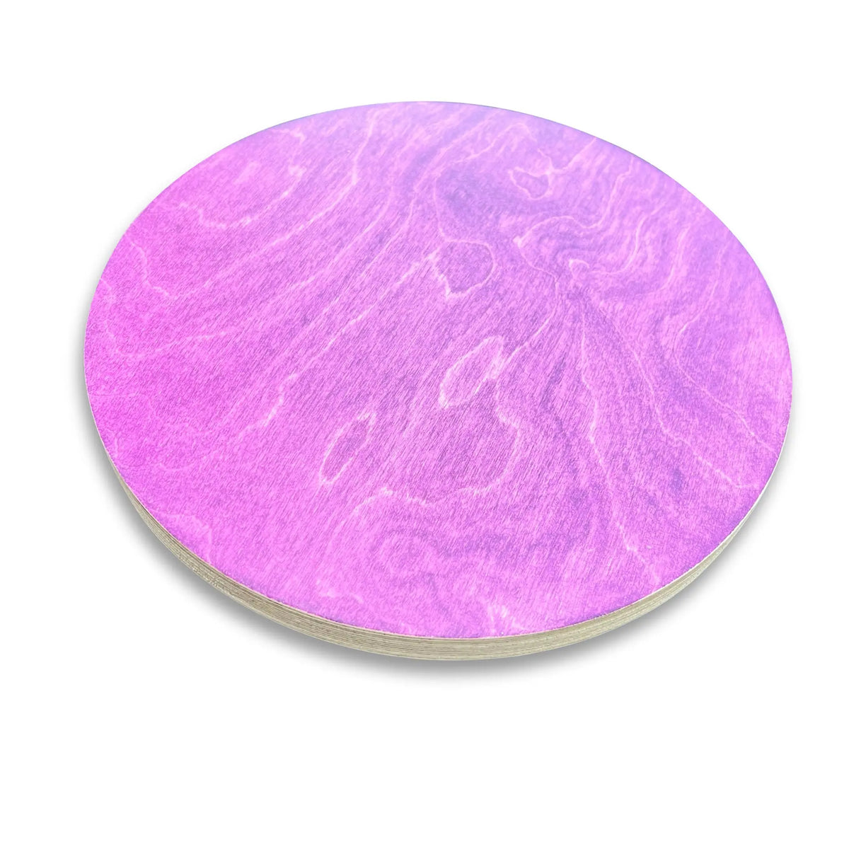 Close-up of a purple round stepping stone showing its grain and edge.