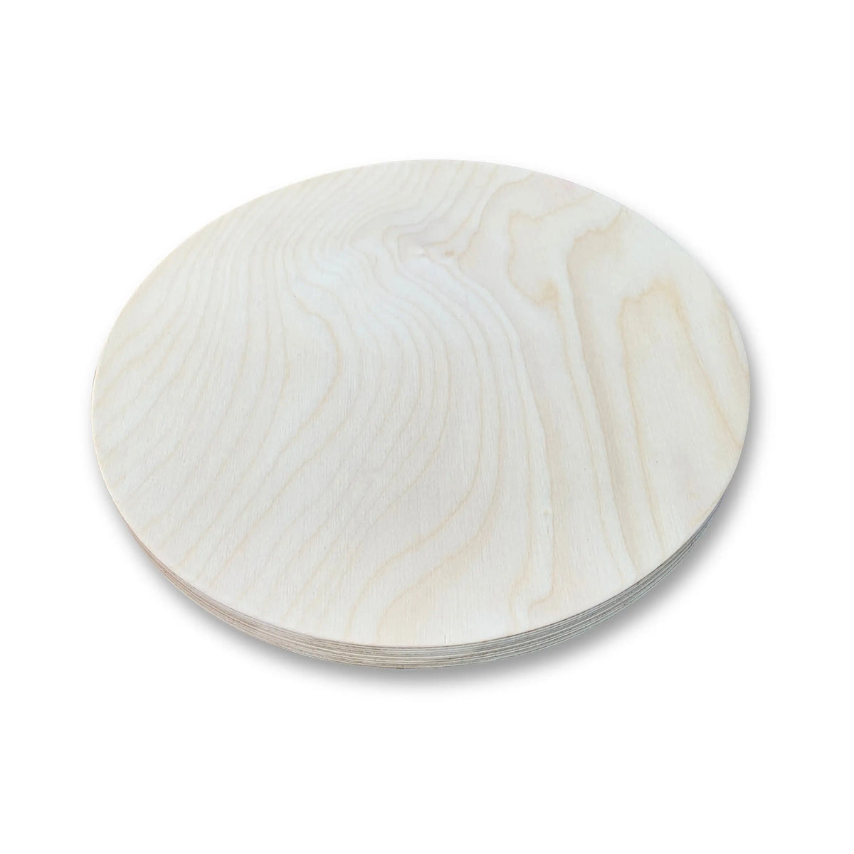 Close-up of a light natural-tone round stepping stone with curved grain lines.