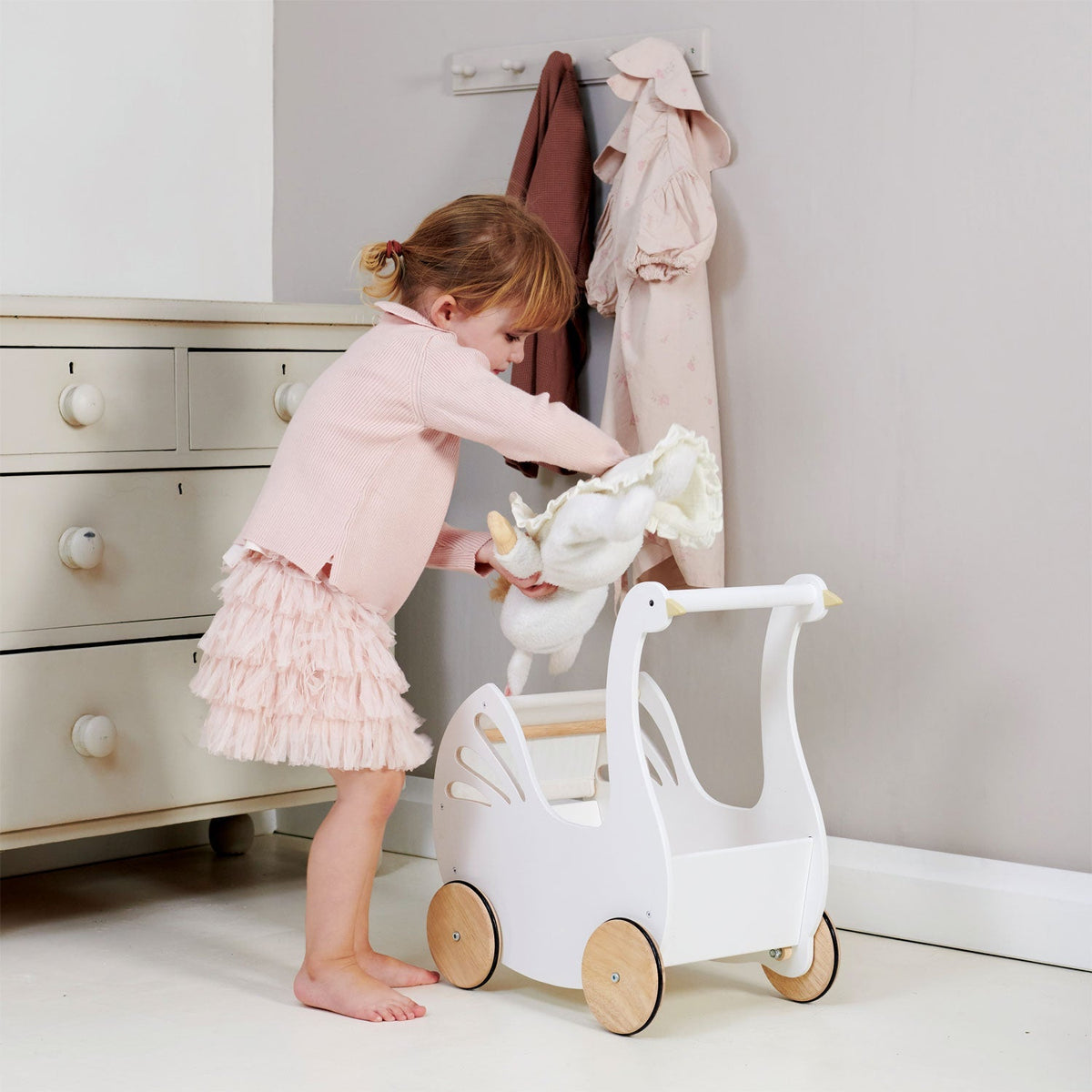 Tender Leaf Sweet Swan Wooden Doll Pram