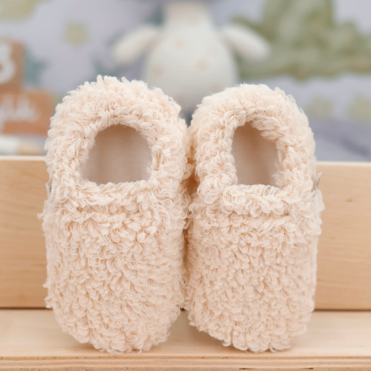 Teddy Baby Booties House Slippers, Non-Slip Sole, Organic Cotton Lining, Home Nursery Shoes, Beige - The Baby Penguin