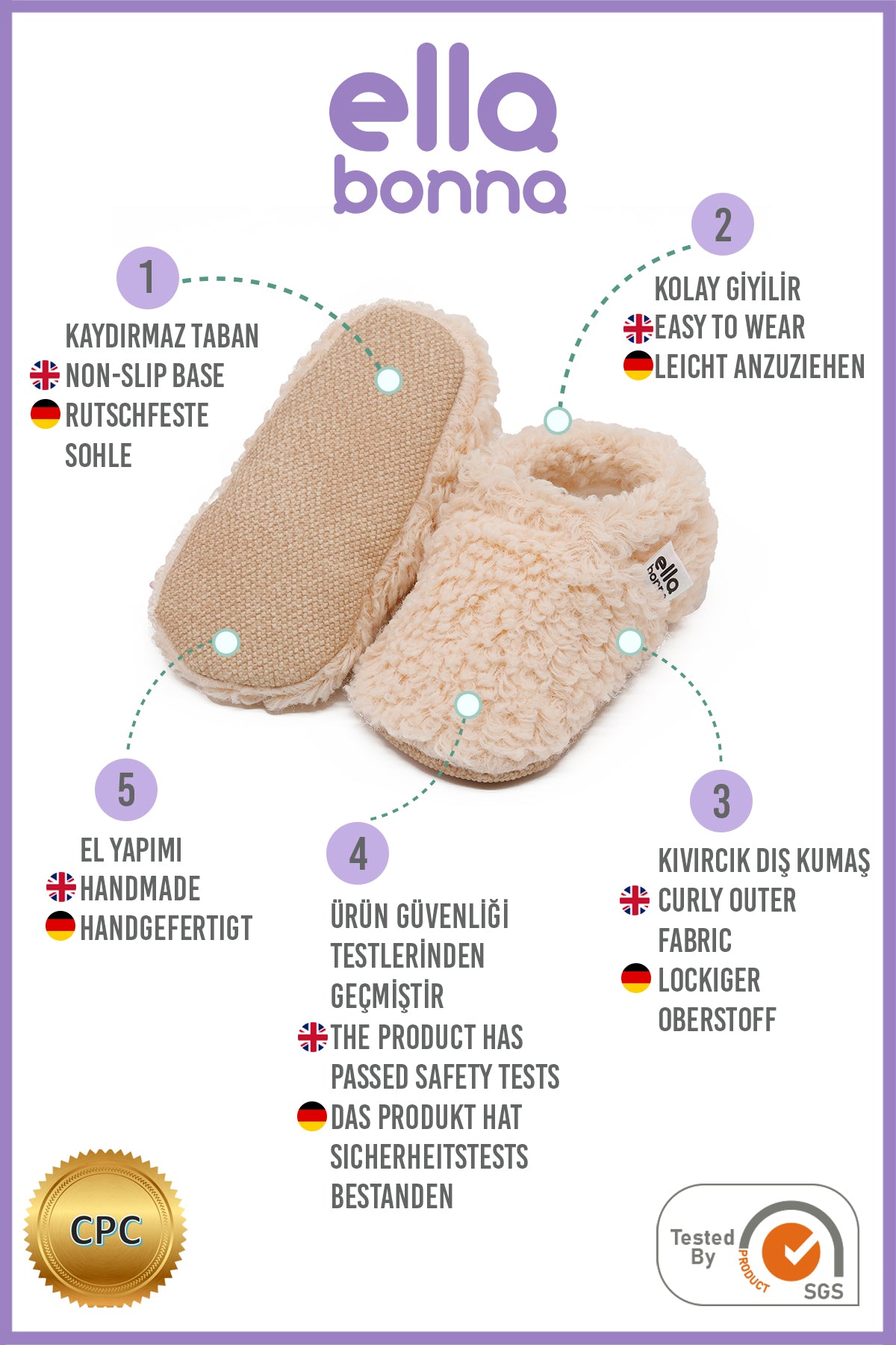 Teddy Baby Booties House Slippers, Non-Slip Sole, Organic Cotton Lining, Home Nursery Shoes, Beige - The Baby Penguin