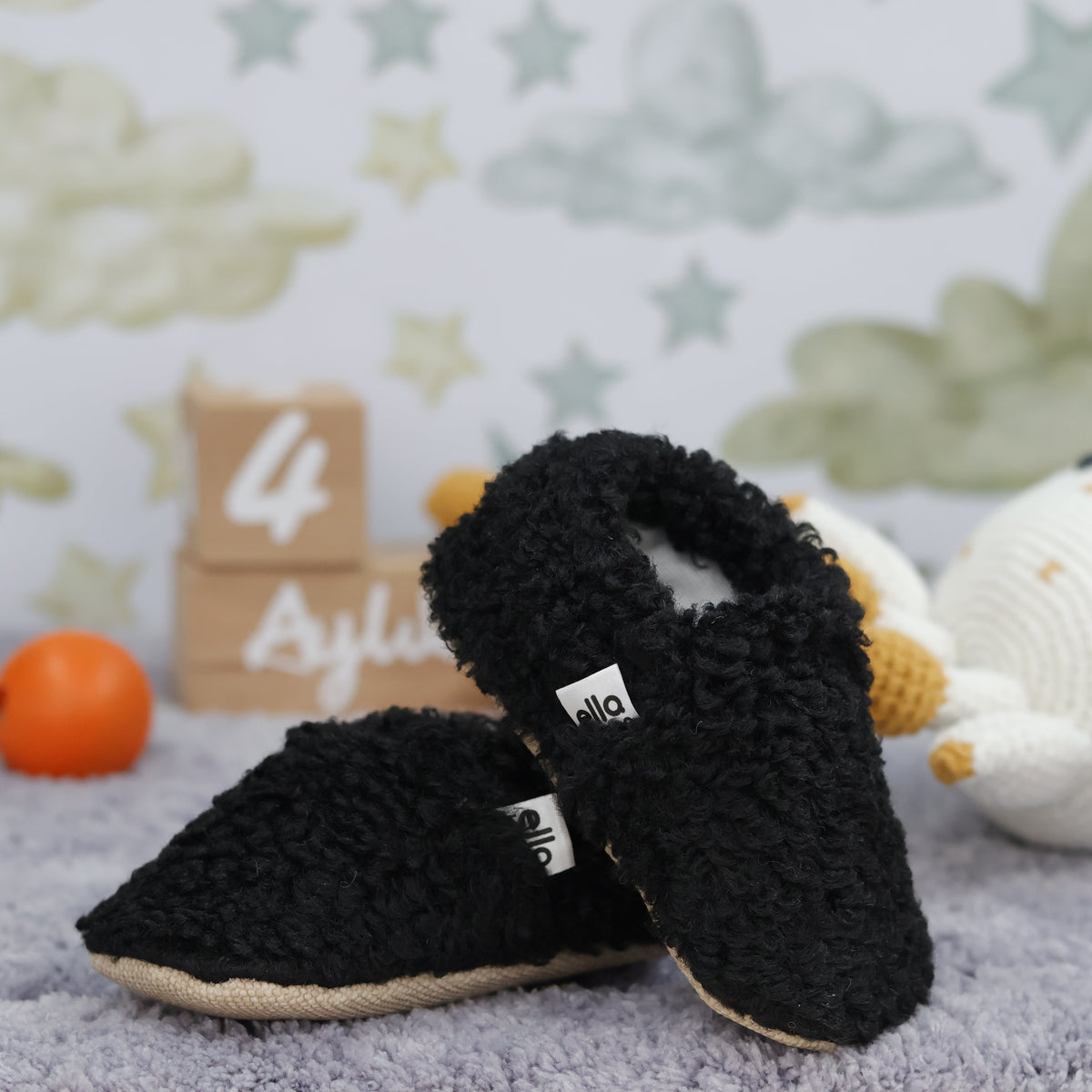 Teddy Baby Booties House Slippers, Non-Slip Sole, Organic Cotton Lining, Home Nursery Shoes, Black - The Baby Penguin