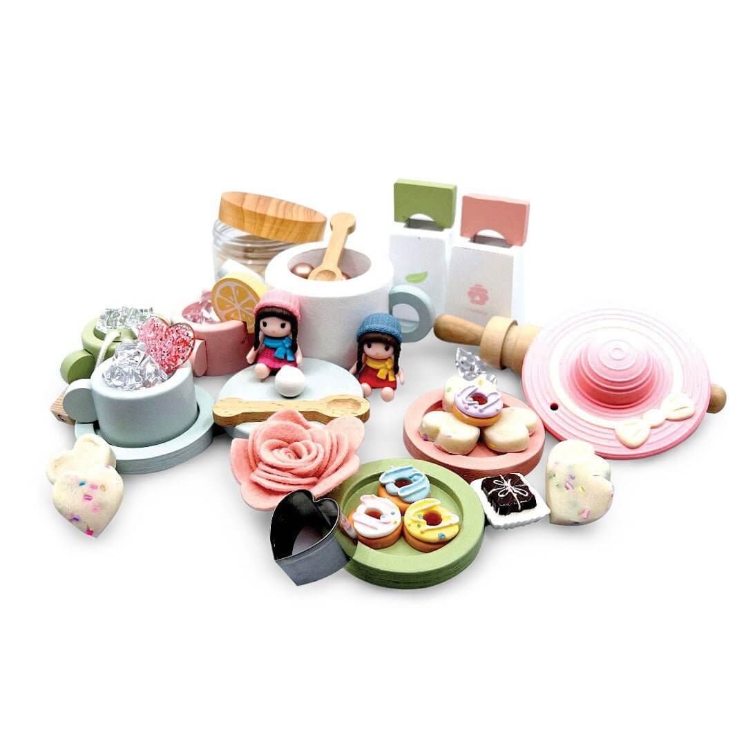 The Perfect Tea Party set with pretend treats; the pictured pink tea-party hat is not included