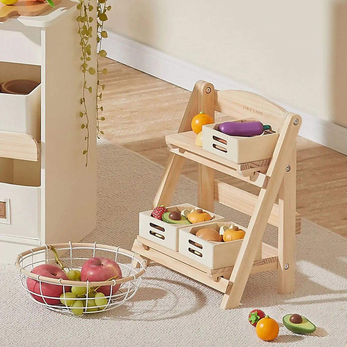 Tiny Land® Play Kitchen Accessories – Play Kitchen Food Storage: Versatile Wooden Rack for Play Food | rack | The Baby Penguin
