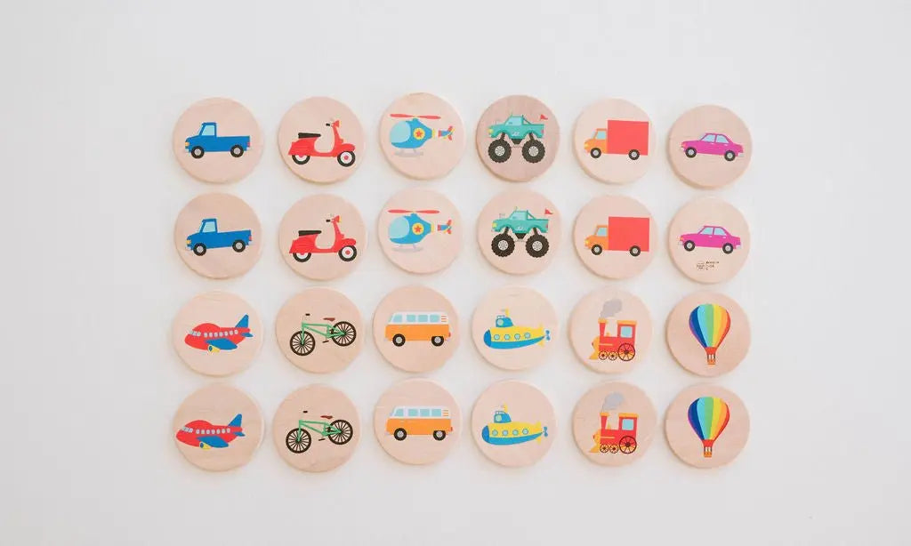 Transportation Matching Tiles arranged in a grid of paired vehicle pictures