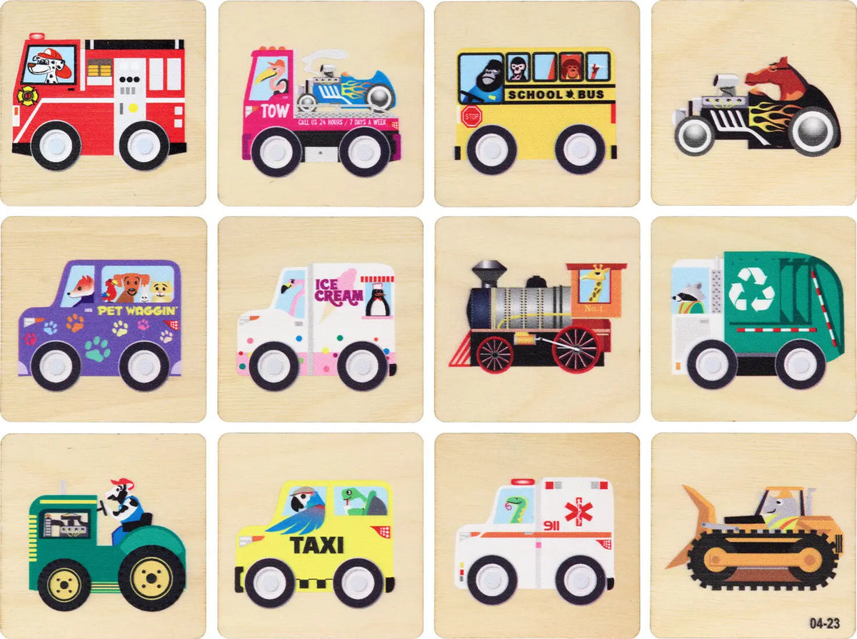 Vehicles Memory Tiles | Made in USA | Wooden Board Games Maple Landmark