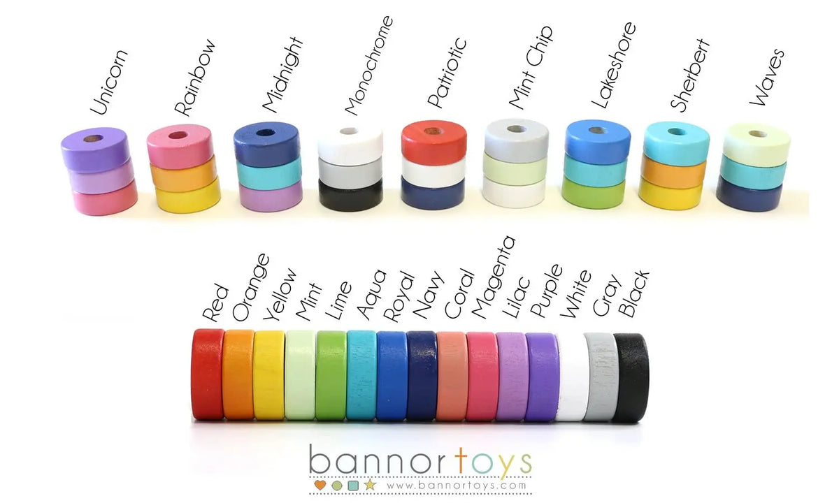 Bannor wooden rattle disc color chart with example color combinations
