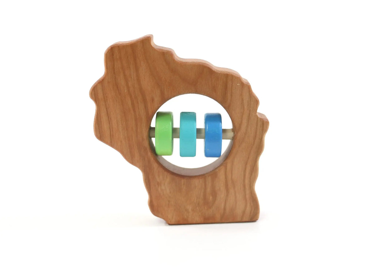 Bannor Toys Wisconsin State Wooden Baby Rattle, showing state-shaped cherry-wood body and colored rattle discs