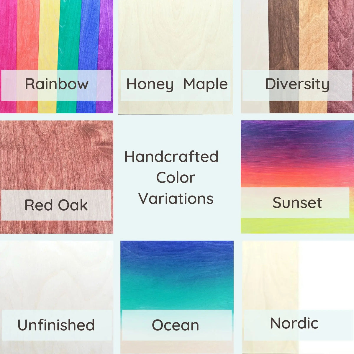 Color chart labeled Rainbow, Honey Maple, Diversity, Red Oak, Sunset, Unfinished, Ocean and Nordic.