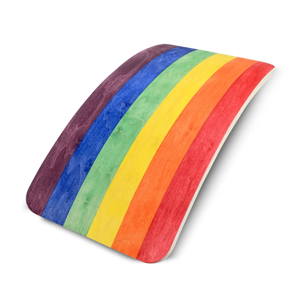 Rainbow-striped wobble board in an arch position, opposite angled view on white.