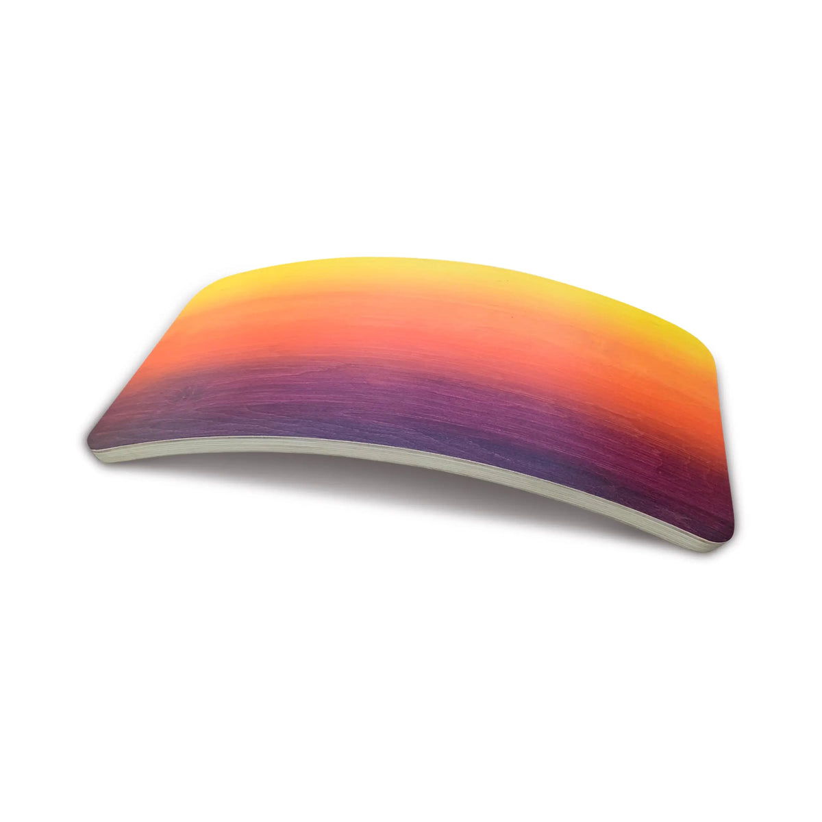 Wobble board with a yellow, orange, red and purple gradient, front arch view.