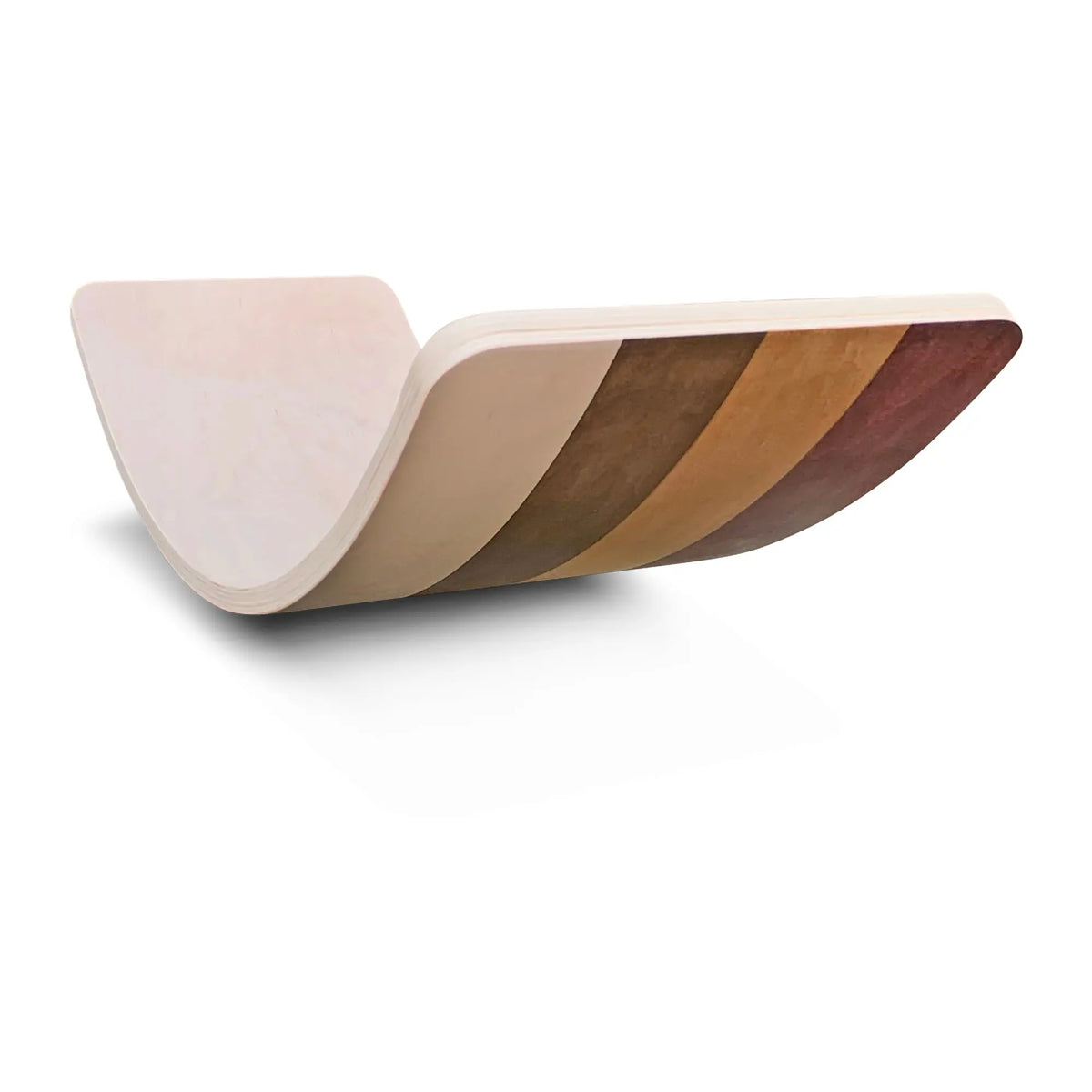 Cream-and-brown-striped wobble board tilted to show the natural-tone concave surface.