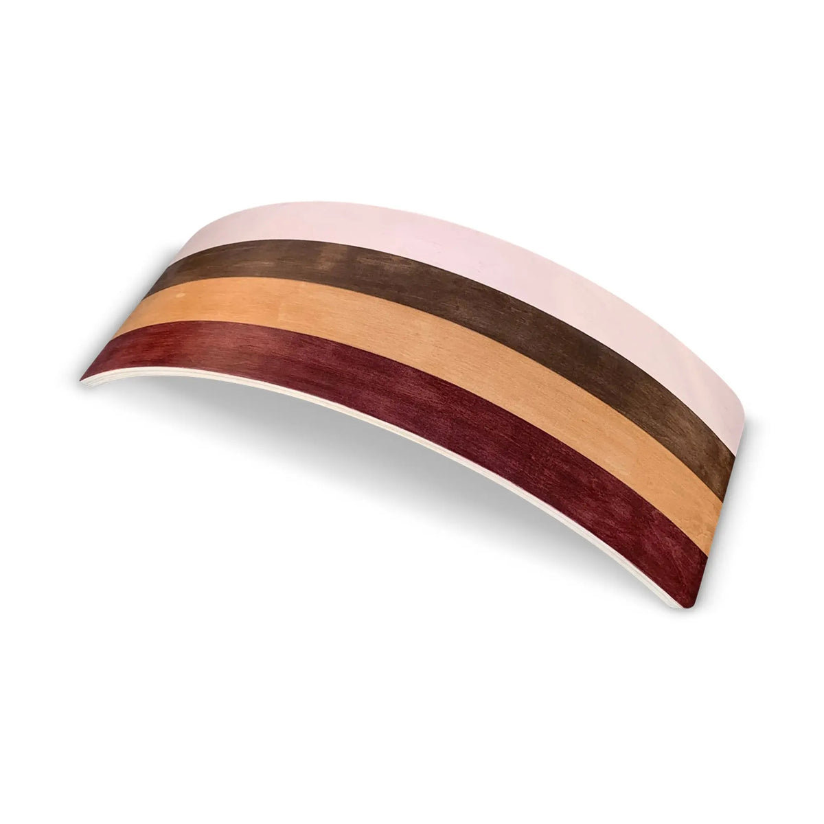 Wobble board with cream, dark-brown, tan and reddish-brown stripes, front arch view.
