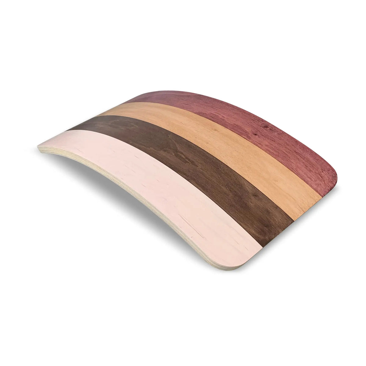 Wobble board with cream, dark-brown, tan and reddish-brown stripes, angled arch view.