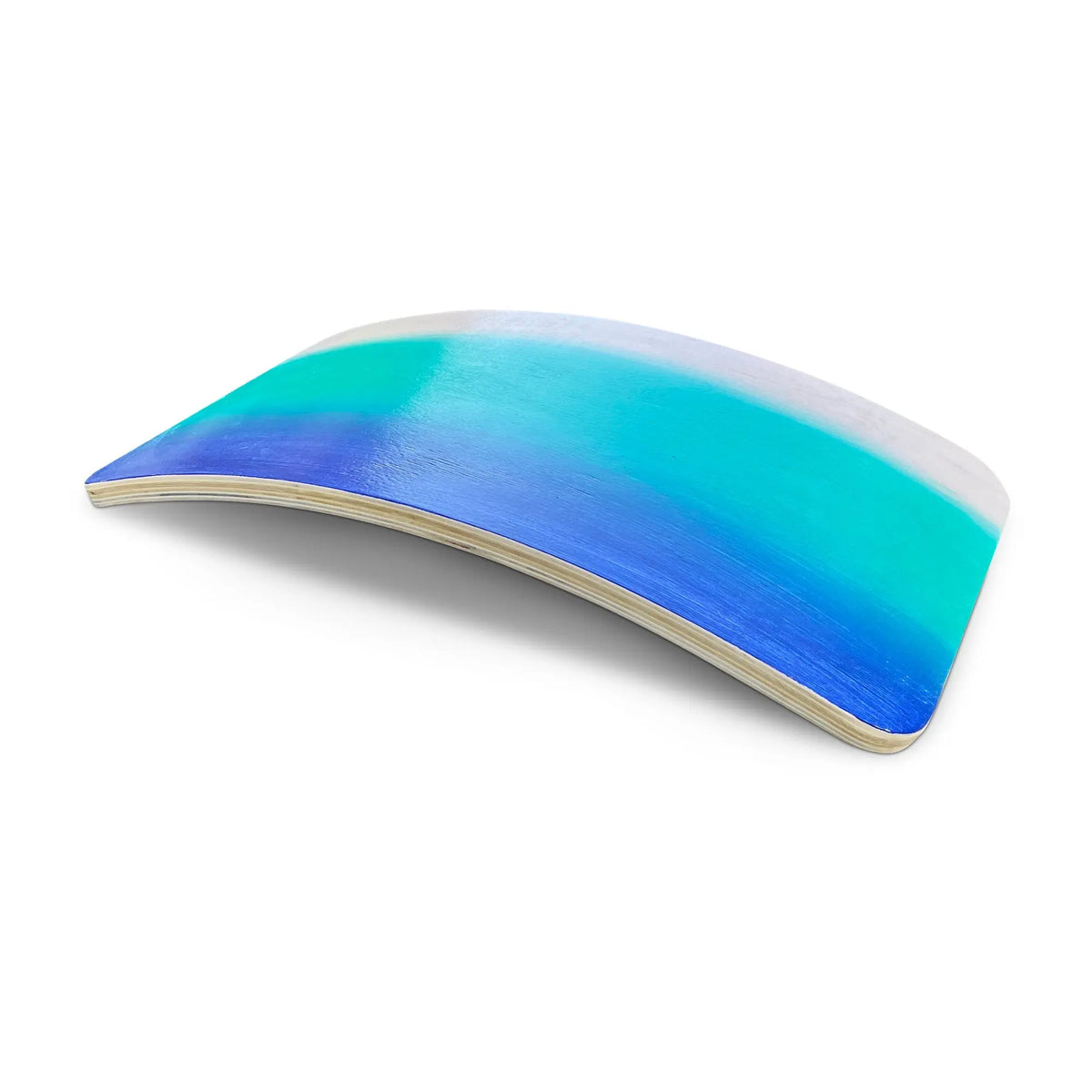 Wobble board with a blue, teal and white gradient, low arch view.
