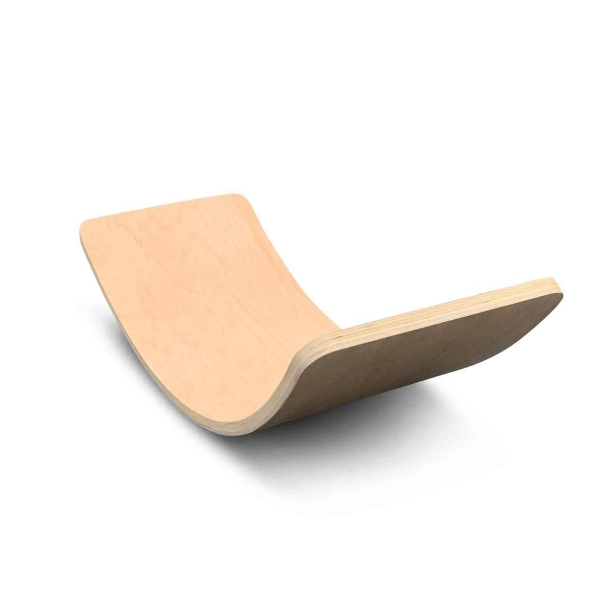 Natural-tone wobble board tilted to show its deep curve and layered edge.