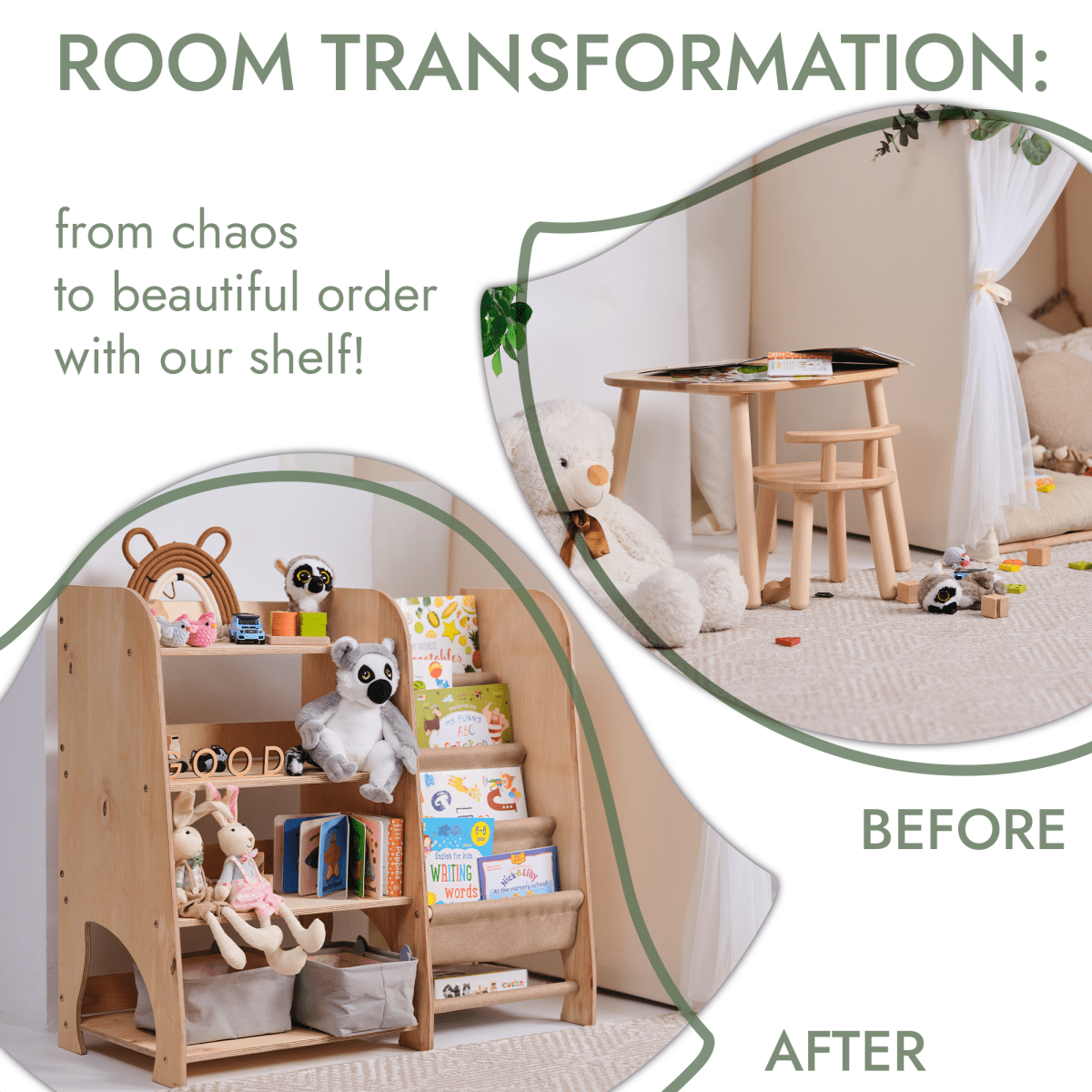 Wooden Montessori Shelves for Toddler 2in1: Bookshelf & Toy Shelving - The Baby Penguin
