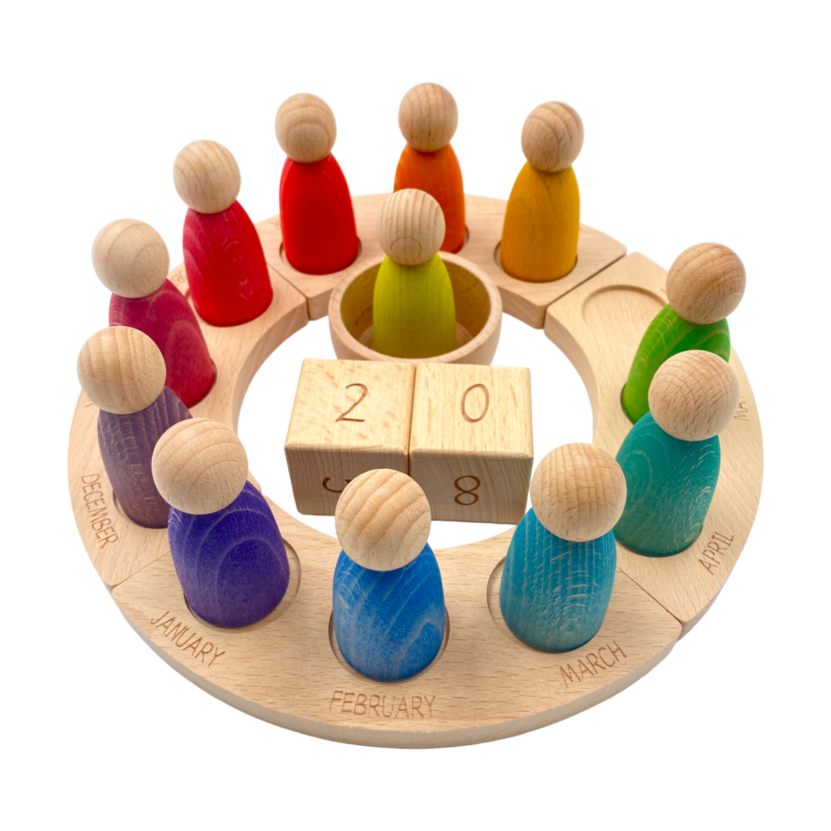 Wooden Perpetual Calendar with 12 Rainbow Peg Figures – view 2